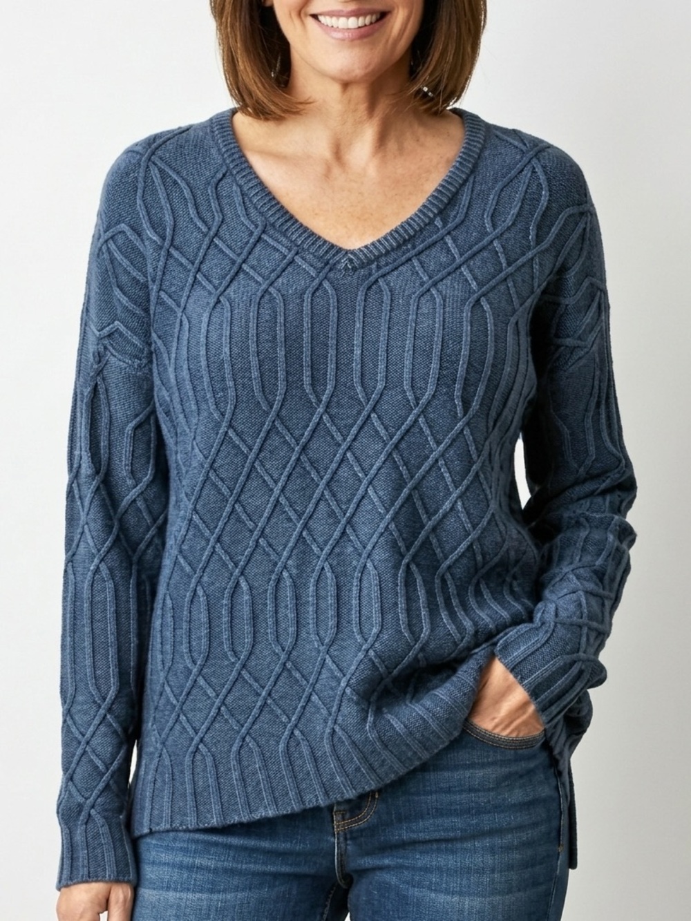 Natural Reflections Blue Cotton V-Neck Cable Knit Fisherman’s Sweater Size Med